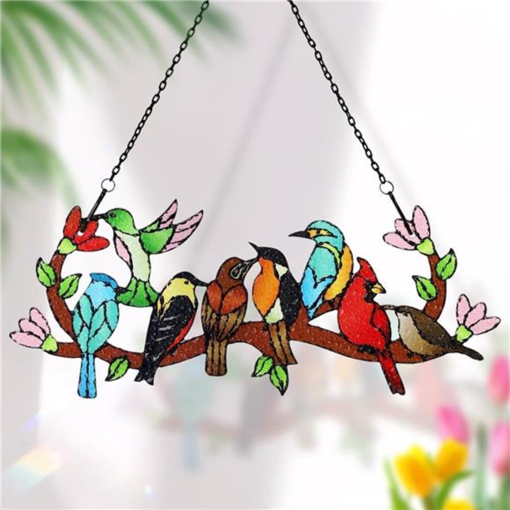 Huray Rayho Birds On Branch Stained Glass Suncatcher Cardinal Hummingbird